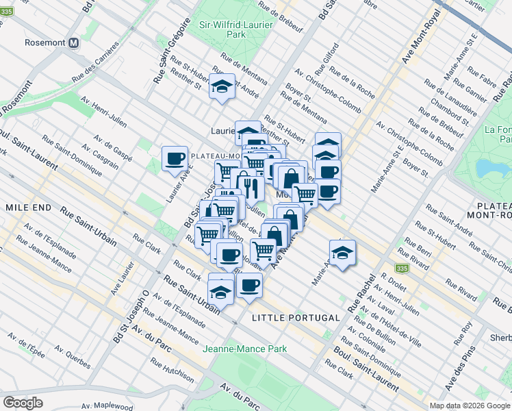 map of restaurants, bars, coffee shops, grocery stores, and more near 4753 Avenue Henri-Julien in Montréal