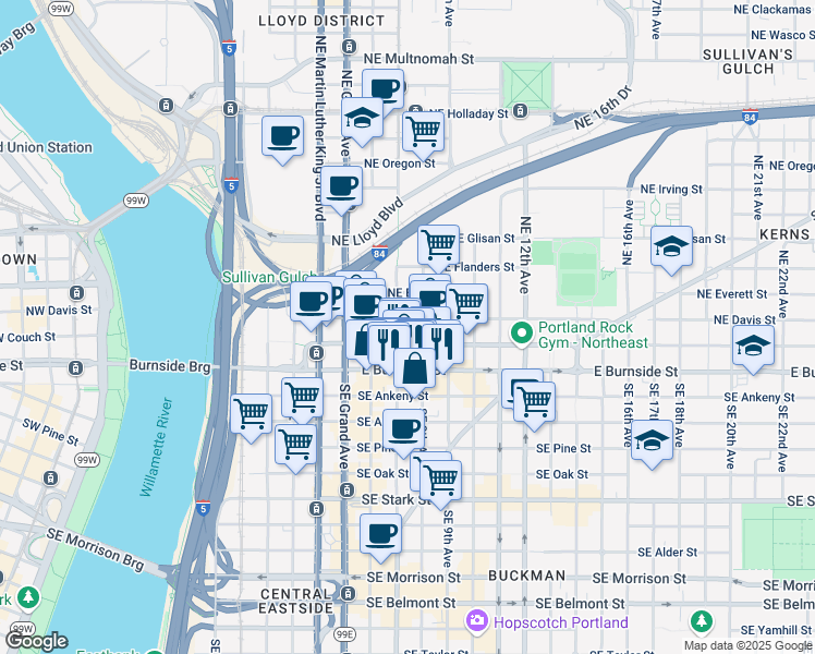 map of restaurants, bars, coffee shops, grocery stores, and more near 732 Northeast Couch Street in Portland