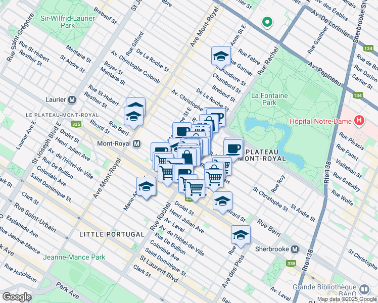 map of restaurants, bars, coffee shops, grocery stores, and more near 4235 Rue Saint-Hubert in Montréal