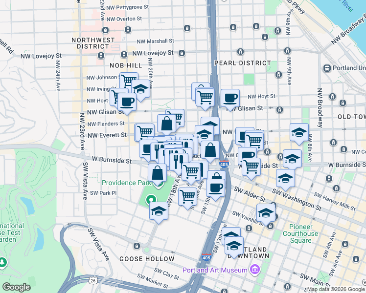map of restaurants, bars, coffee shops, grocery stores, and more near 133 Northwest 18th Avenue in Portland