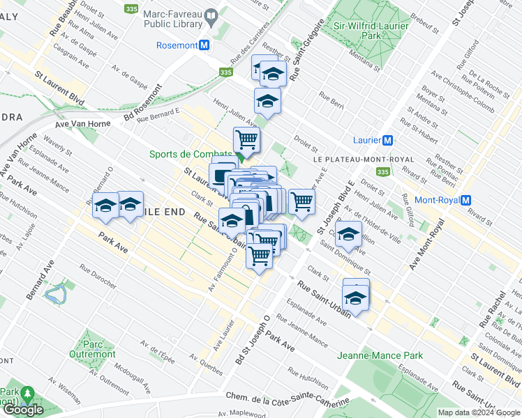 map of restaurants, bars, coffee shops, grocery stores, and more near 22 Avenue Fairmount Est in Montréal