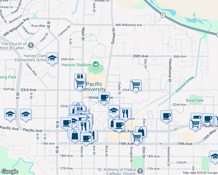 map of restaurants, bars, coffee shops, grocery stores, and more near 2211 23rd Avenue in Forest Grove