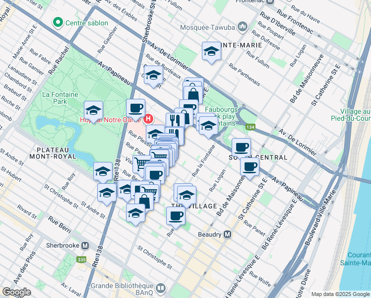 map of restaurants, bars, coffee shops, grocery stores, and more near 1925 Rue Alexandre-DeSève in Montréal