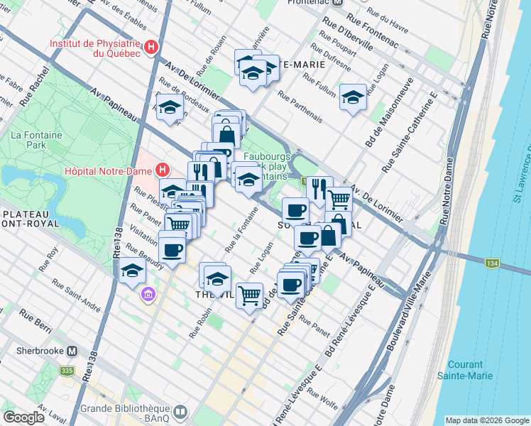 map of restaurants, bars, coffee shops, grocery stores, and more near 1740 Avenue Papineau in Montréal