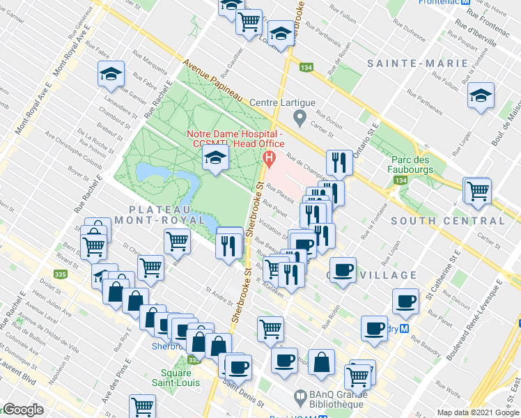 map of restaurants, bars, coffee shops, grocery stores, and more near 1324 Rue Sherbrooke Est in Montréal