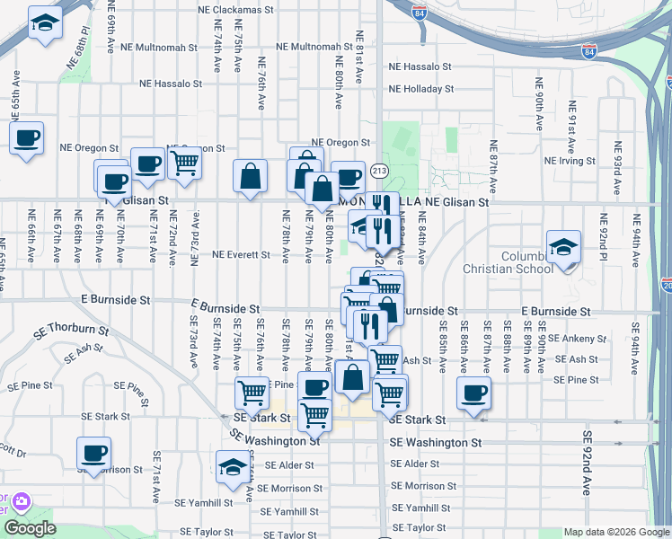 map of restaurants, bars, coffee shops, grocery stores, and more near 206 Northeast 80th Avenue in Portland