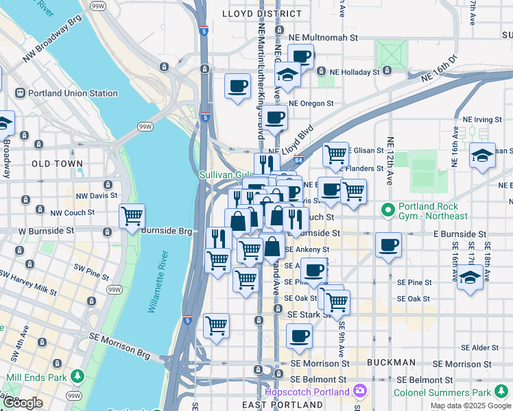 map of restaurants, bars, coffee shops, grocery stores, and more near 131 Northeast Martin Luther King Junior Boulevard in Portland