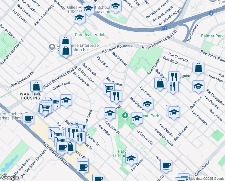map of restaurants, bars, coffee shops, grocery stores, and more near 1335 Rue Ryan in Montréal