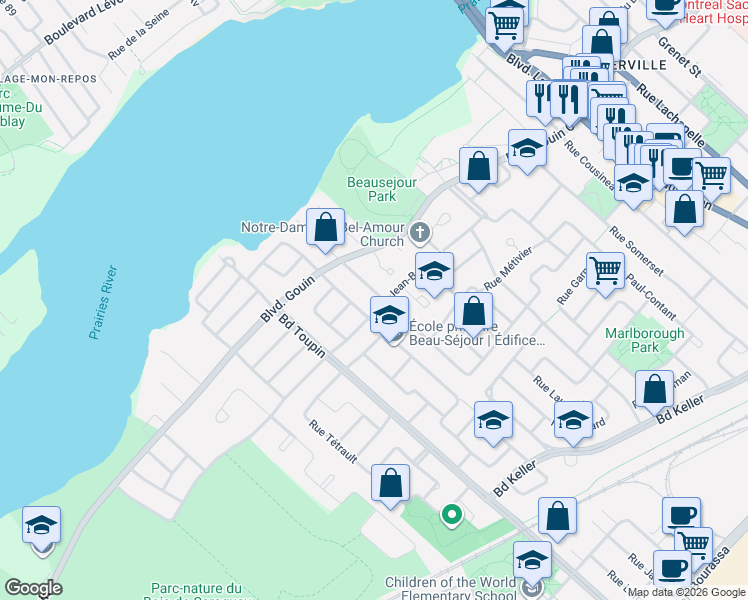 map of restaurants, bars, coffee shops, grocery stores, and more near 12210 Rue Jasmin in Montréal