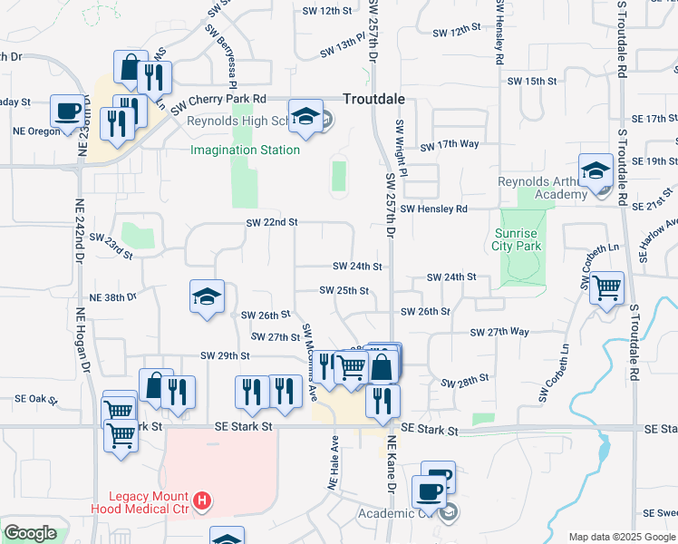 map of restaurants, bars, coffee shops, grocery stores, and more near 1362 Southwest 24th Street in Troutdale