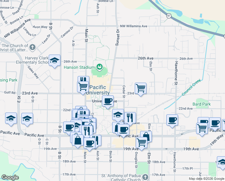 map of restaurants, bars, coffee shops, grocery stores, and more near 2211 23rd Avenue in Forest Grove