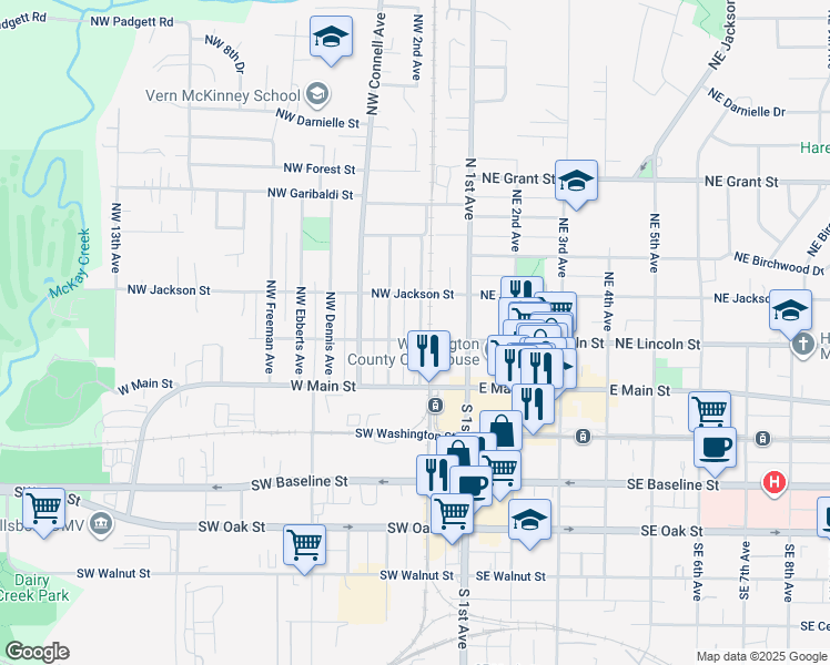 map of restaurants, bars, coffee shops, grocery stores, and more near 207 Northwest Adams Avenue in Hillsboro