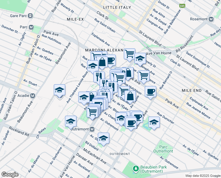 map of restaurants, bars, coffee shops, grocery stores, and more near in Montreal