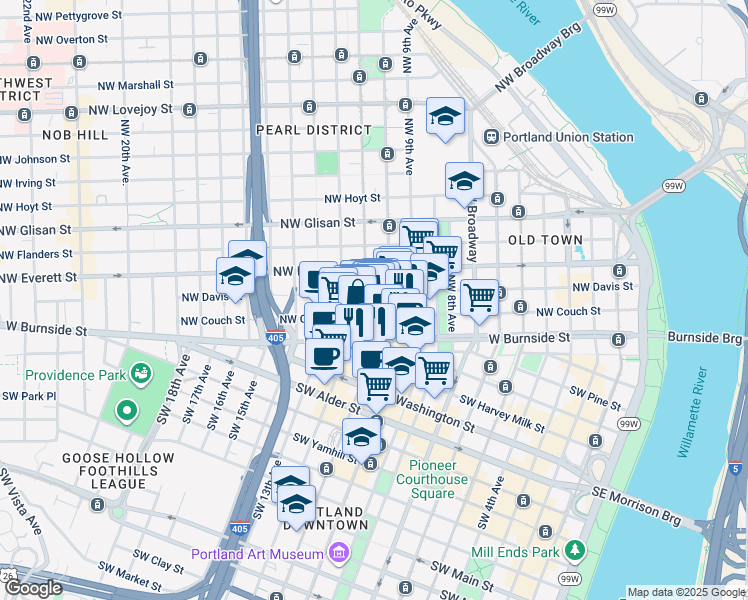 map of restaurants, bars, coffee shops, grocery stores, and more near 128 Northwest 11th Avenue in Portland