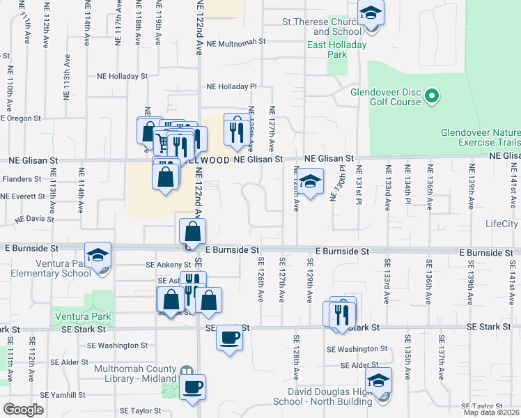 map of restaurants, bars, coffee shops, grocery stores, and more near 201 Northeast 126th Avenue in Portland
