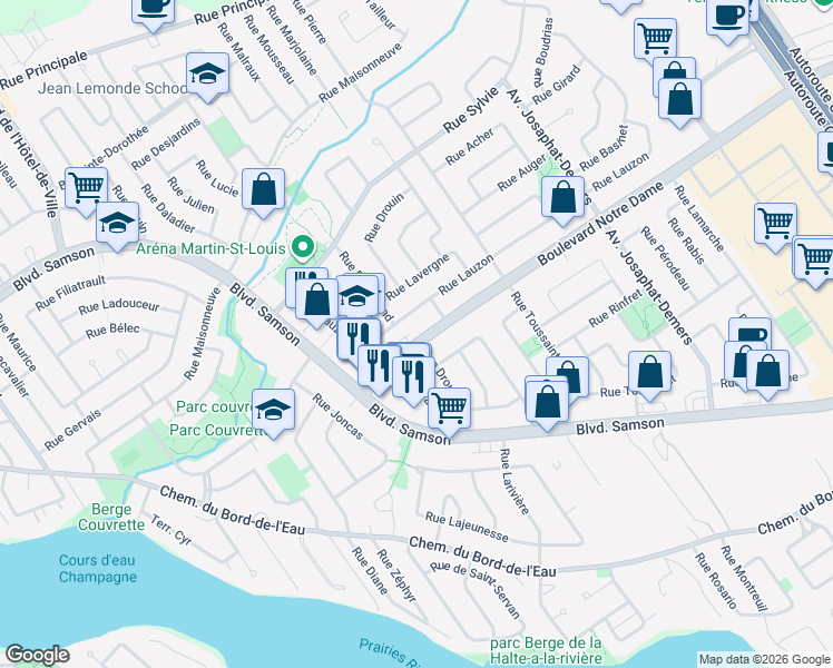 map of restaurants, bars, coffee shops, grocery stores, and more near 7419 Boulevard Notre Dame in Laval
