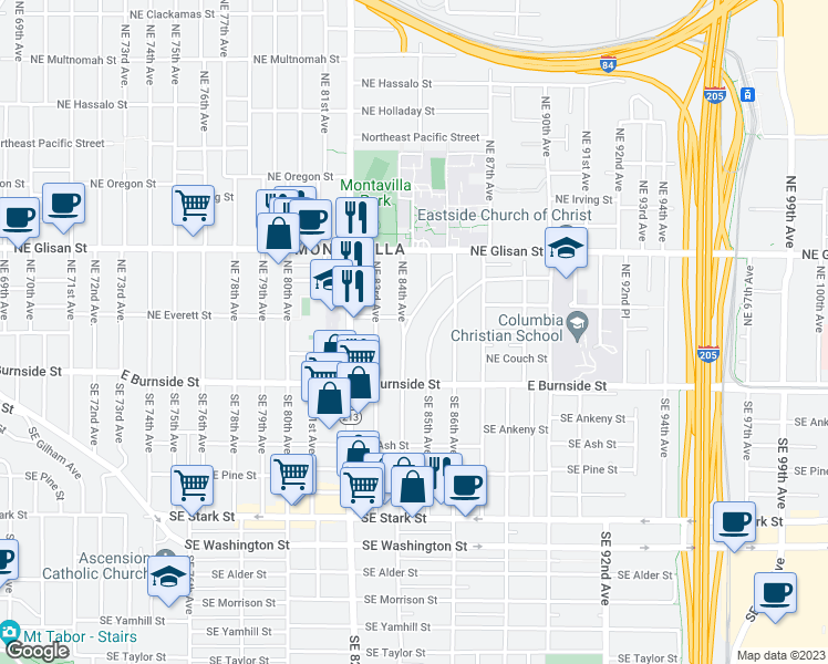 map of restaurants, bars, coffee shops, grocery stores, and more near 128 Northeast Beryl Terrace in Portland