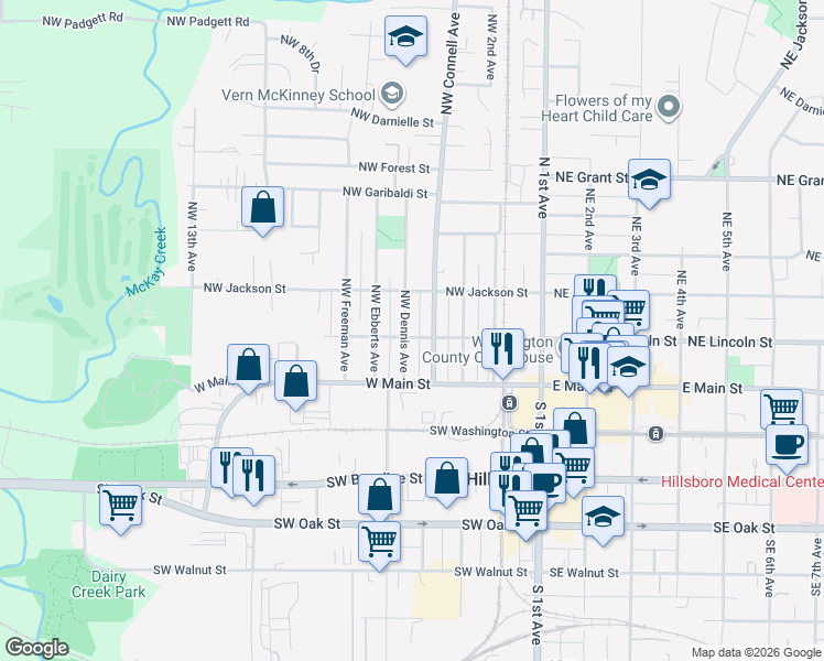 map of restaurants, bars, coffee shops, grocery stores, and more near 453 Northwest Lincoln Street in Hillsboro