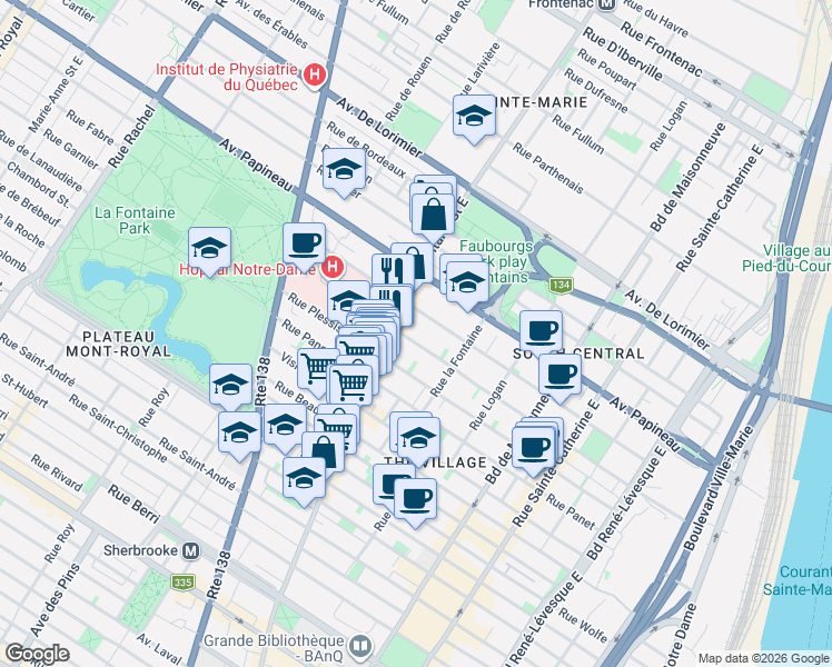 map of restaurants, bars, coffee shops, grocery stores, and more near 1925 Rue Alexandre-DeSève in Montréal