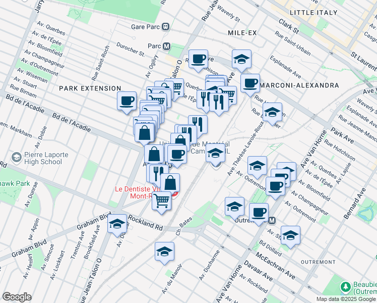 map of restaurants, bars, coffee shops, grocery stores, and more near in Mount Royal
