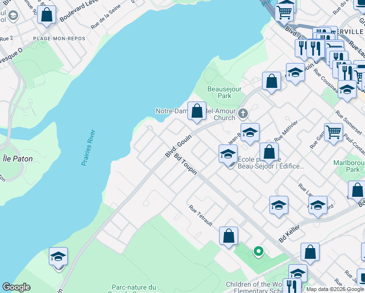 map of restaurants, bars, coffee shops, grocery stores, and more near 7620 Boulevard Gouin Ouest in Montréal