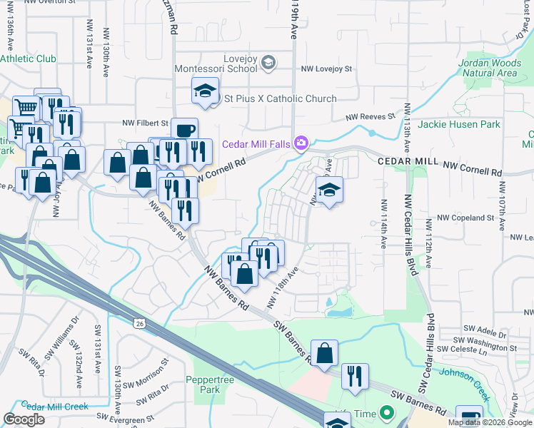 map of restaurants, bars, coffee shops, grocery stores, and more near 595 Northwest Lost Springs Terrace in Portland
