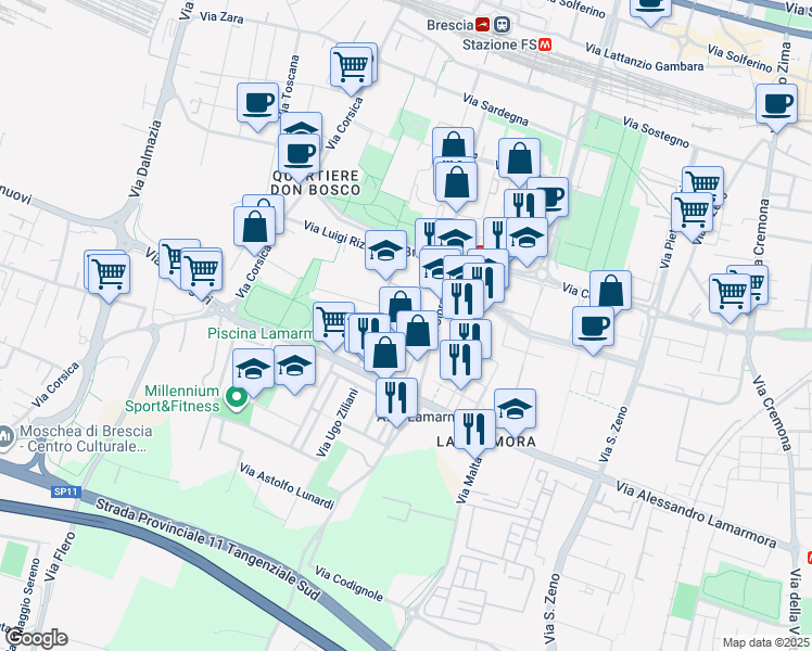 map of restaurants, bars, coffee shops, grocery stores, and more near 65 Via Rodi in Brescia