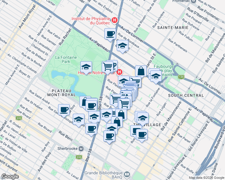 map of restaurants, bars, coffee shops, grocery stores, and more near 2227 Rue Panet in Montréal