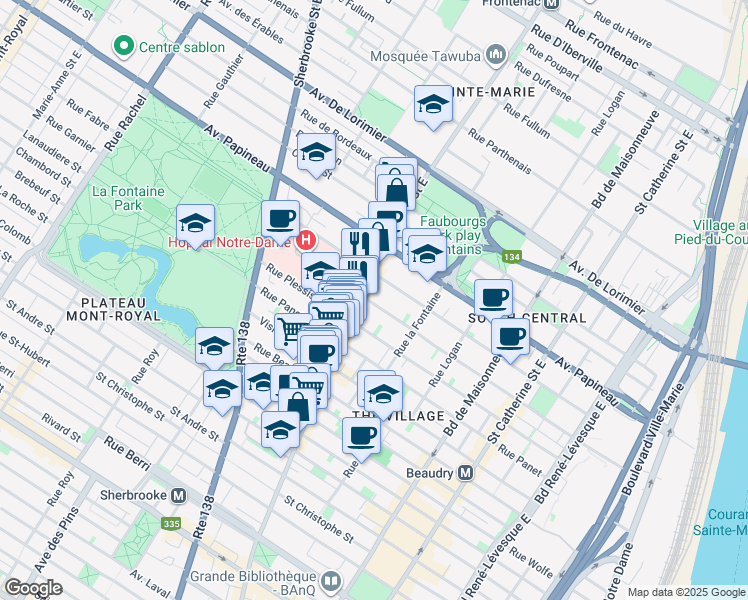 map of restaurants, bars, coffee shops, grocery stores, and more near 1927 Rue Alexandre-DeSève in Montréal
