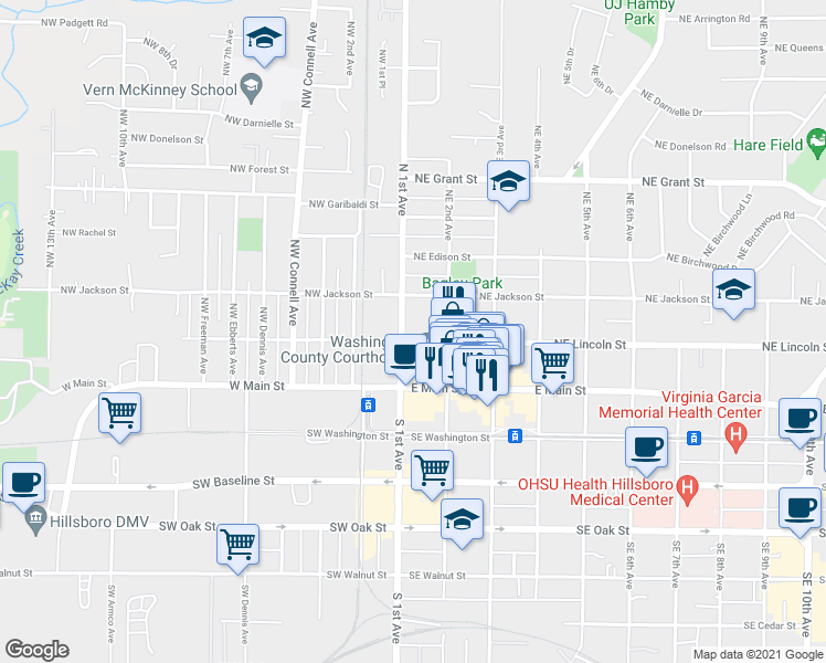 map of restaurants, bars, coffee shops, grocery stores, and more near 111 Northeast Lincoln Street in Hillsboro
