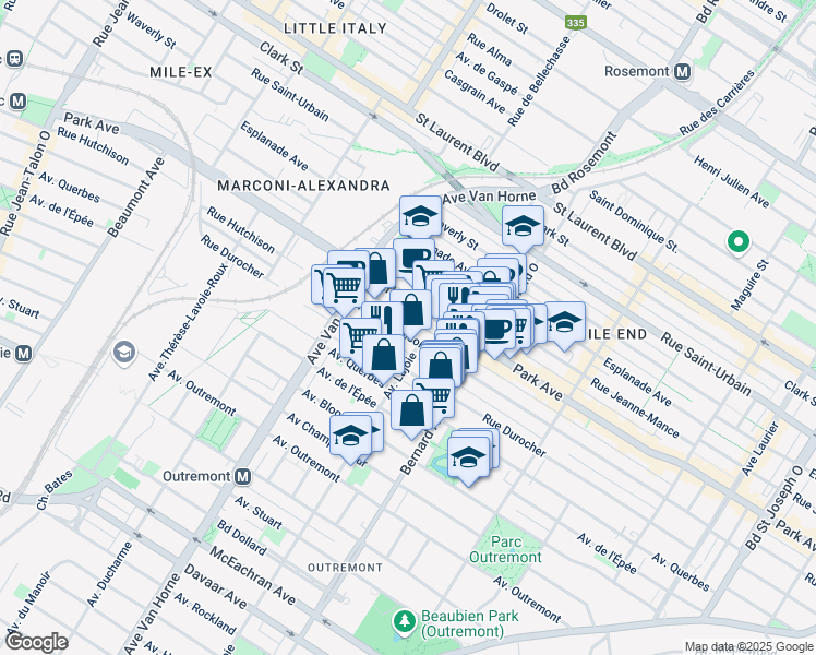 map of restaurants, bars, coffee shops, grocery stores, and more near 6000 Rue Hutchison in Montreal