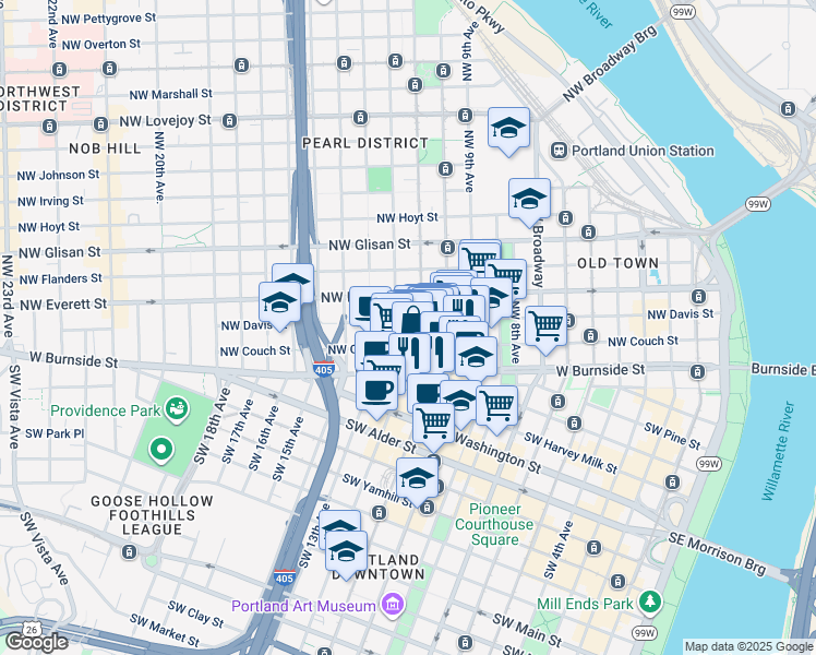 map of restaurants, bars, coffee shops, grocery stores, and more near 128 Northwest 12th Avenue in Portland