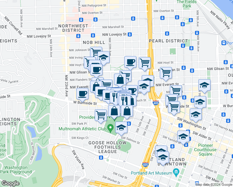 map of restaurants, bars, coffee shops, grocery stores, and more near 1933 West Burnside Street in Portland