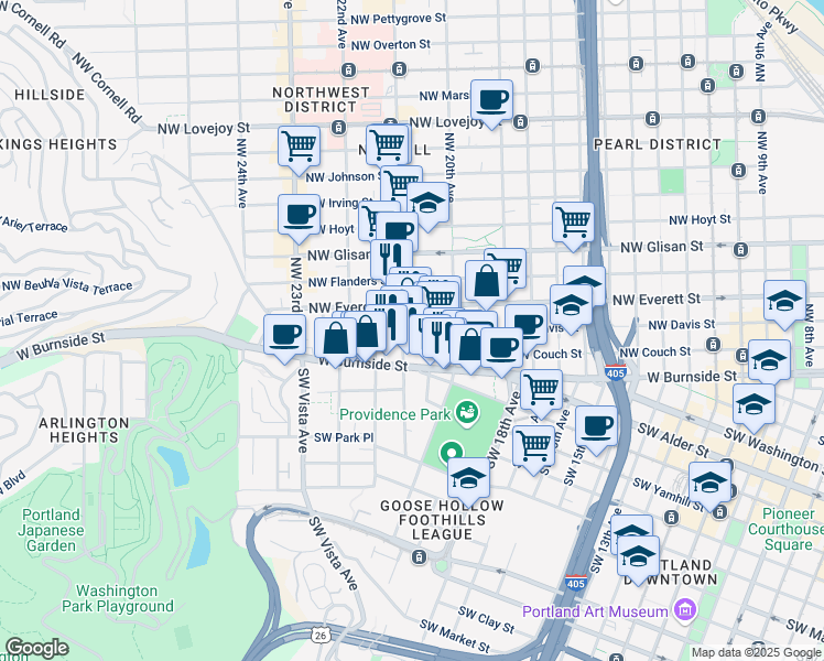 map of restaurants, bars, coffee shops, grocery stores, and more near in Portland