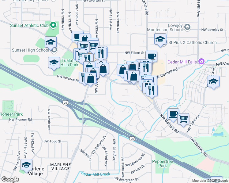 map of restaurants, bars, coffee shops, grocery stores, and more near 13000 Northwest Cornell Road in Portland