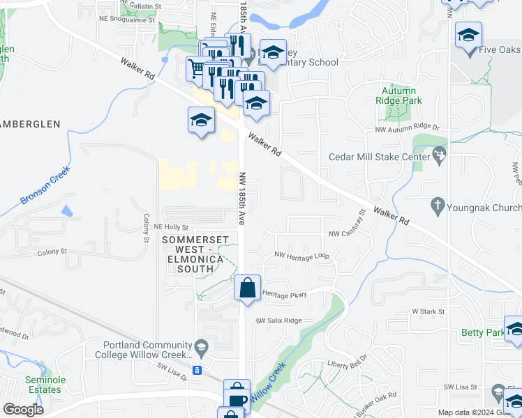 map of restaurants, bars, coffee shops, grocery stores, and more near 567 Northwest Cambray Place in Beaverton