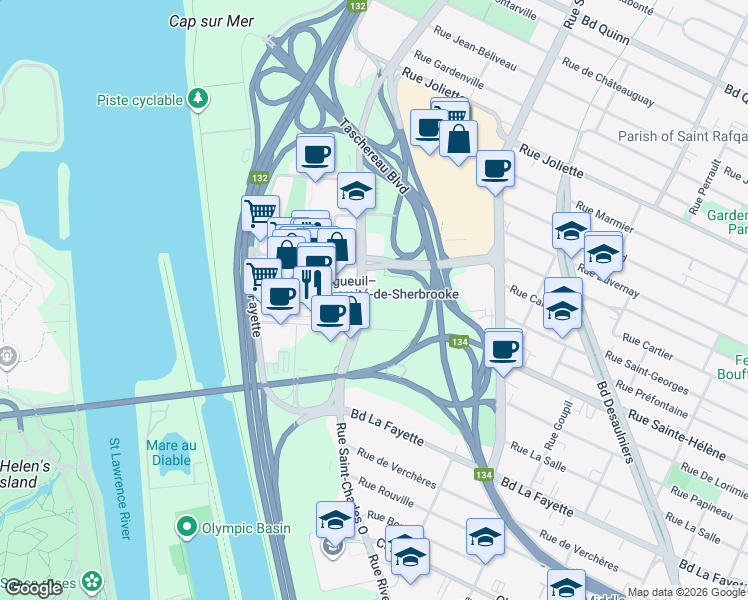 map of restaurants, bars, coffee shops, grocery stores, and more near 200 Rue Marie-Charles-Le Moyne in Longueuil
