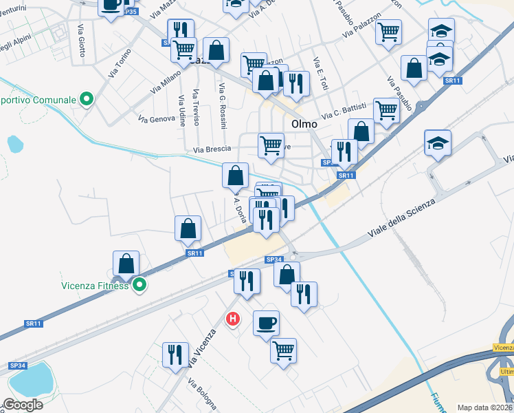 map of restaurants, bars, coffee shops, grocery stores, and more near 103 Via Olmo in Creazzo