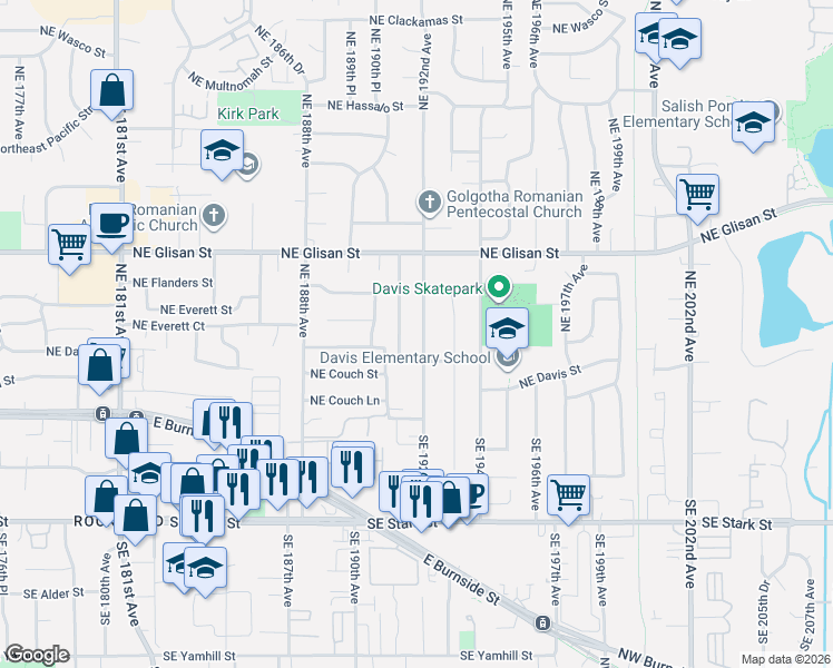 map of restaurants, bars, coffee shops, grocery stores, and more near 217 Northeast 192nd Avenue in Portland