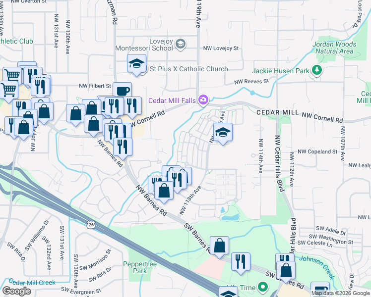 map of restaurants, bars, coffee shops, grocery stores, and more near 580 Northwest Lost Springs Terrace in Portland