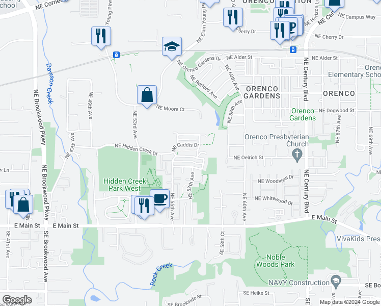 map of restaurants, bars, coffee shops, grocery stores, and more near 5647 Northeast Hidden Creek Drive in Hillsboro