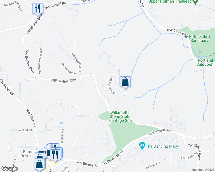 map of restaurants, bars, coffee shops, grocery stores, and more near 315 Northwest Royal Boulevard in Portland