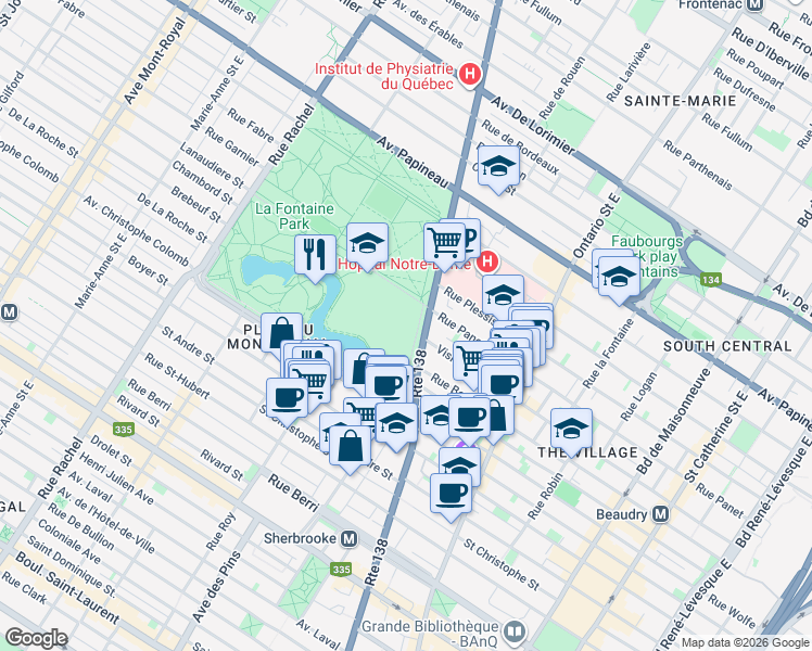 map of restaurants, bars, coffee shops, grocery stores, and more near 1301 Rue Sherbrooke Est in Montréal