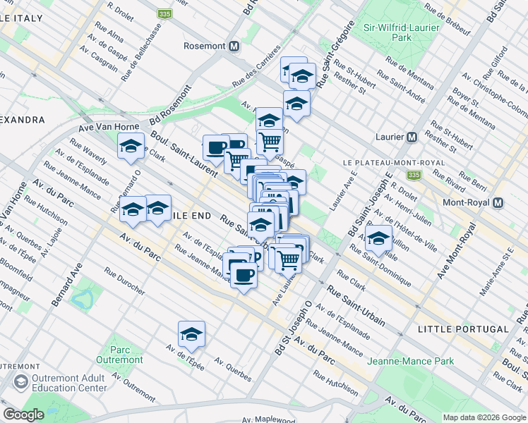 map of restaurants, bars, coffee shops, grocery stores, and more near 5272 Boulevard Saint-Laurent in Montréal