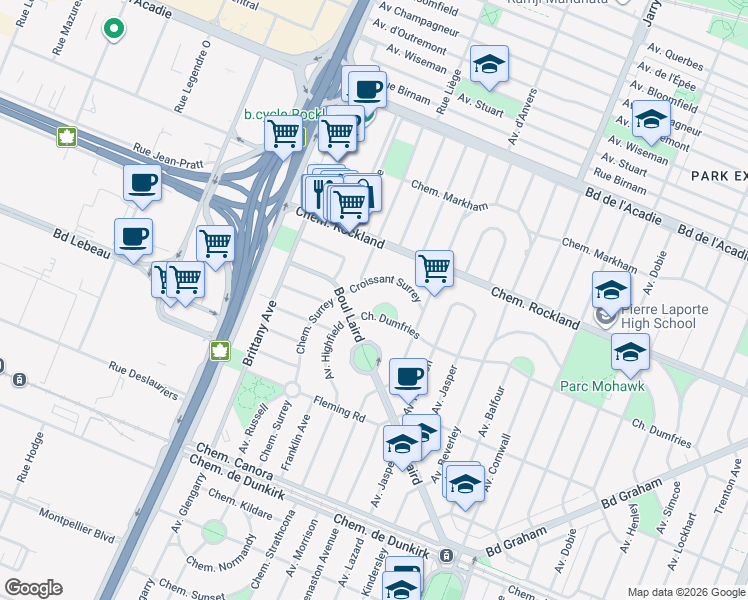 map of restaurants, bars, coffee shops, grocery stores, and more near in Mount Royal
