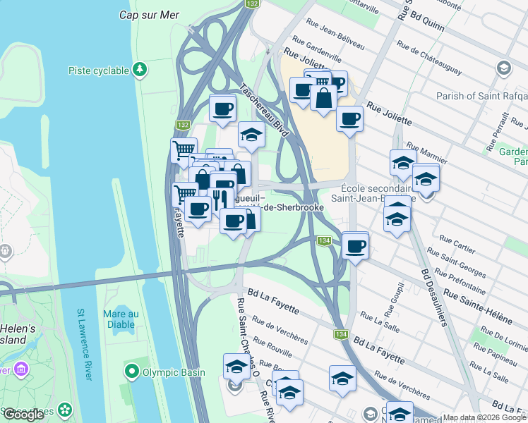 map of restaurants, bars, coffee shops, grocery stores, and more near 200 Rue Marie-Charles-Le Moyne in Longueuil