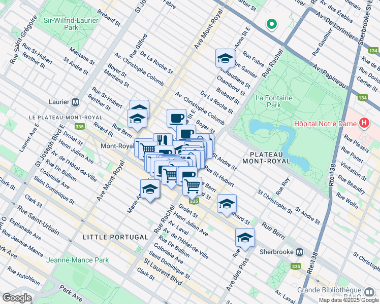 map of restaurants, bars, coffee shops, grocery stores, and more near in Montreal