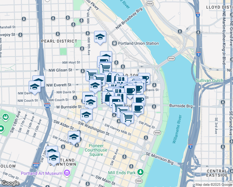 map of restaurants, bars, coffee shops, grocery stores, and more near 127 Northwest 6th Avenue in Portland