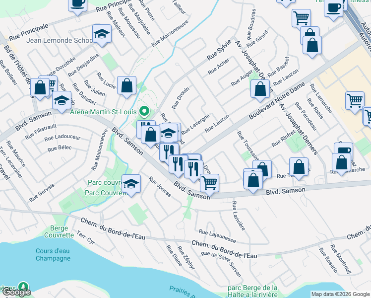 map of restaurants, bars, coffee shops, grocery stores, and more near 620 Rue Lauzon in Laval