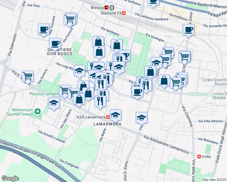 map of restaurants, bars, coffee shops, grocery stores, and more near 40 Via Aldo Moro in Brescia